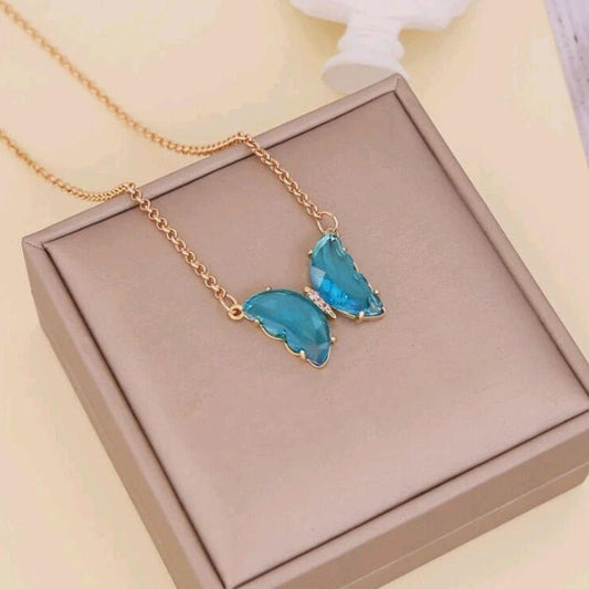 Blue Crystal   Bbutterfly Pendant Necklace