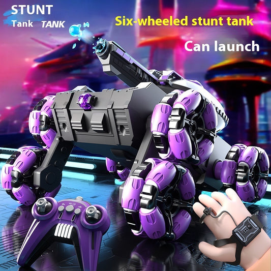 Children's Six-Wheel Remote Control Launch Water Bomb Tank Toy Charging Gesture Induction Stunt Car Birthday Gift for Boy